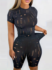 Solid Two piece Set Mock Neck Short Sleeve Tops & Slim Shorts Outfits