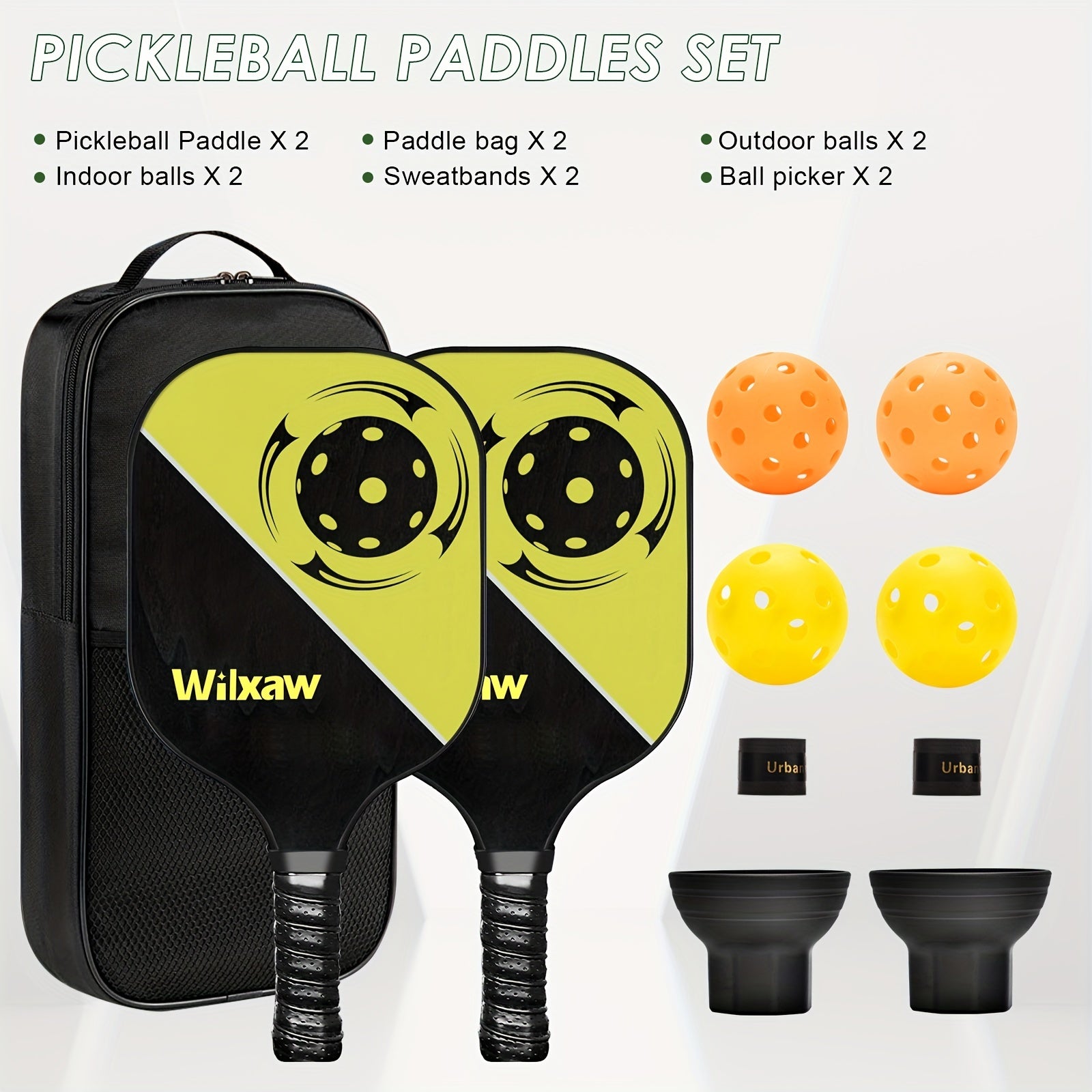 Pickleball Racket Set with Paddles, Balls, Sweatbands, and Ball Pickers