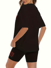 Women's Plus Size Letter Print Tee & Biker Shorts Set