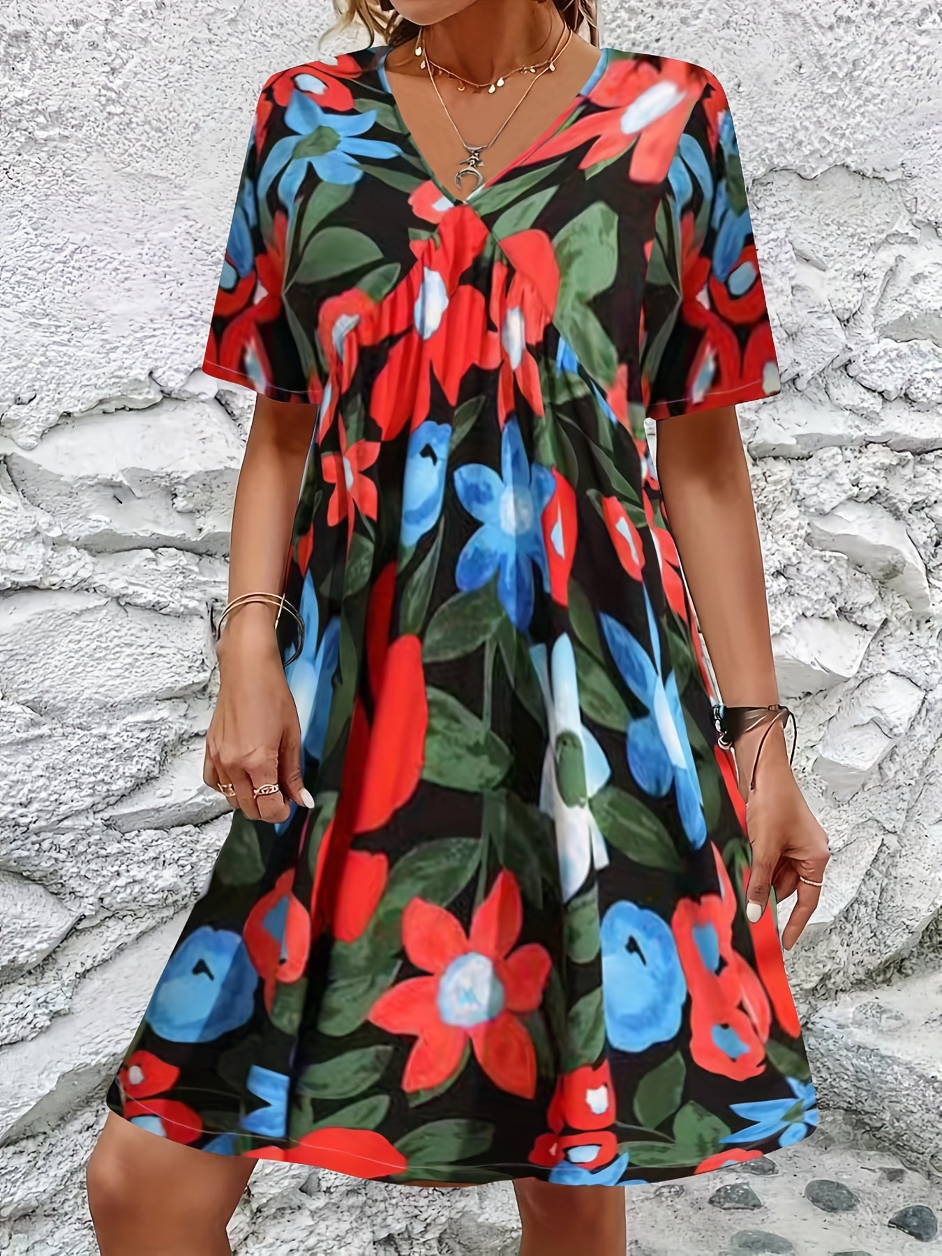 Women's Floral Print V-Neck Mini Dress