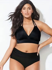 Solid V Neck Halter Bra & Panty Swimsuit Set