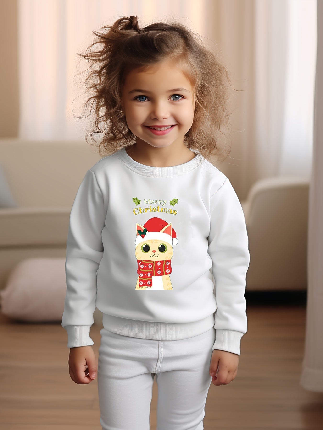 Christmas Kitty Graphic Crew Neck Long Sleeve Sweatshirt Kids