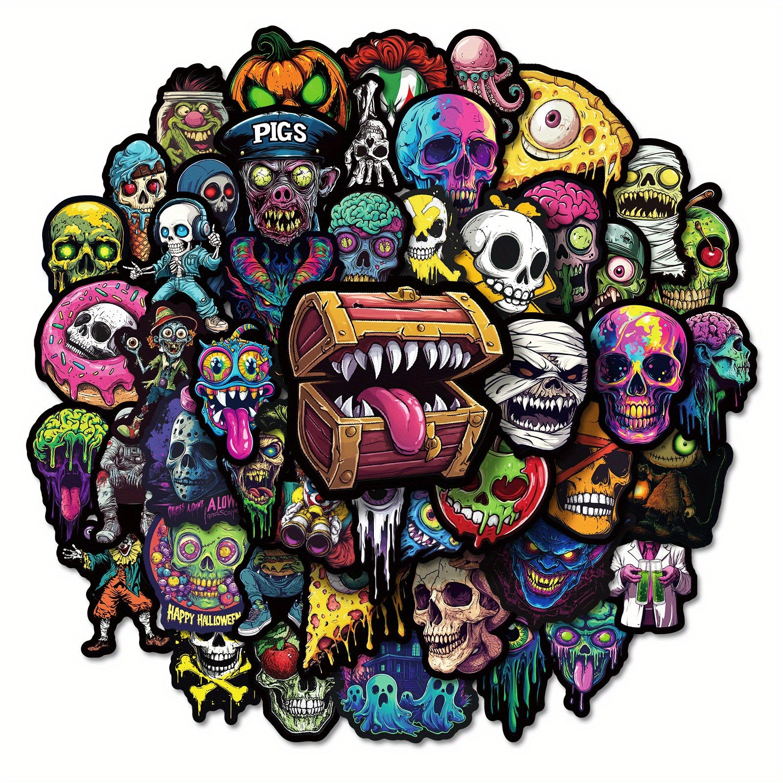 50 Neon Skull Stickers Waterproof Vinyl Decals for Laptops Water Bottles Phones