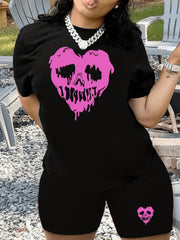 Heart Graphic Print Two piece Set Short Sleeve T shirt & Biker Shorts