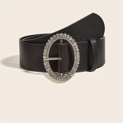 Oval Rhinestone Buckle Belt PU Leather Casual Jeans Pants Belts Women