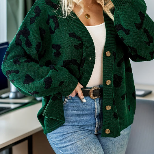 Leopard Pattern Long Sleeve Button Up Sweater Cardigan