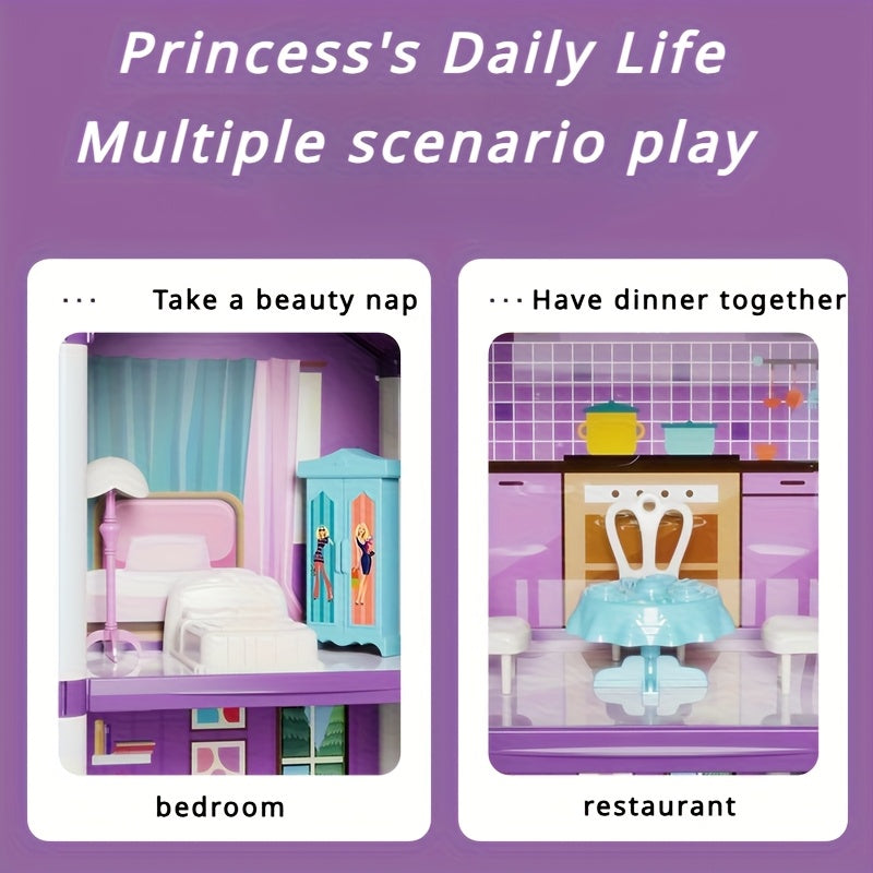 13-Room Dollhouse Villa Pink/Purple 3-Level Toy House Durable Plast