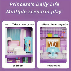 13-Room Dollhouse Villa Pink/Purple 3-Level Toy House Durable Plast