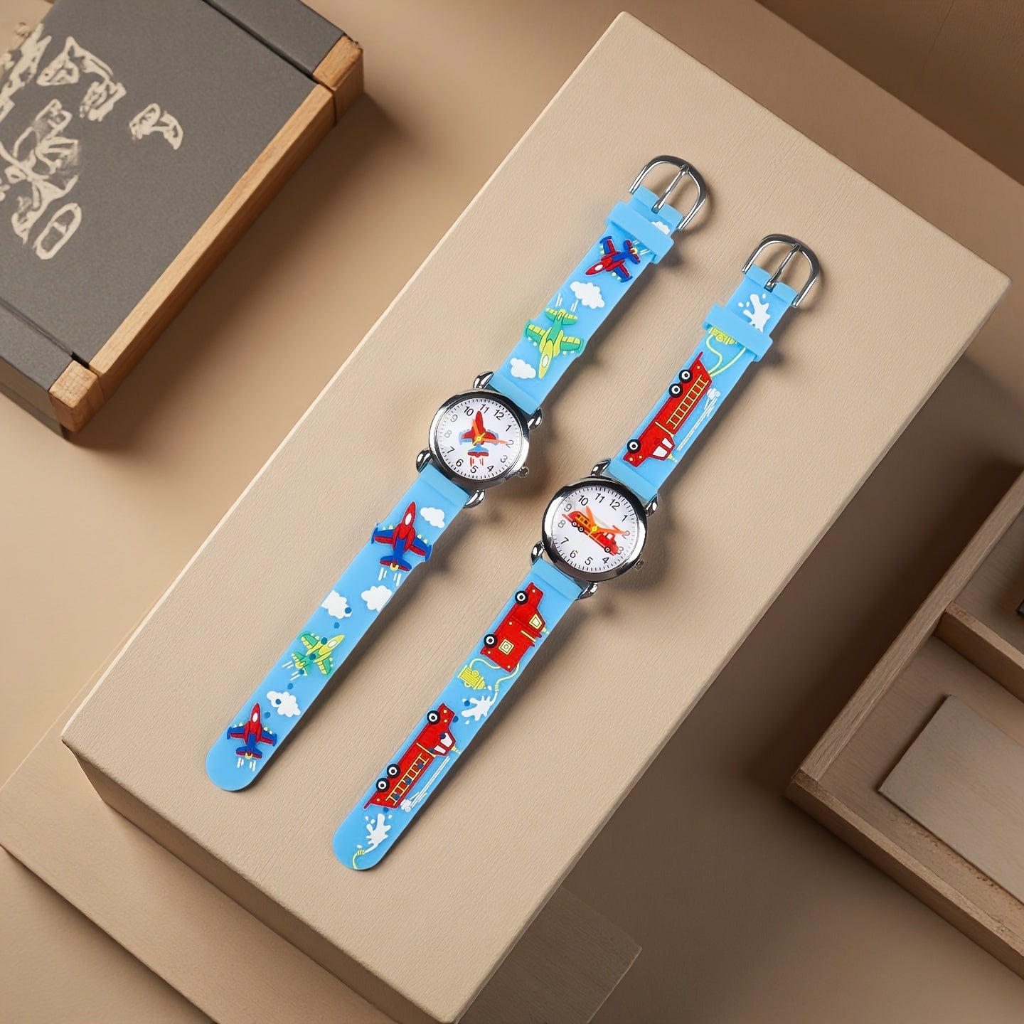 2pcs Fire Truck & Airplane Watches Brother Combination Set Stylish Electronic Wr