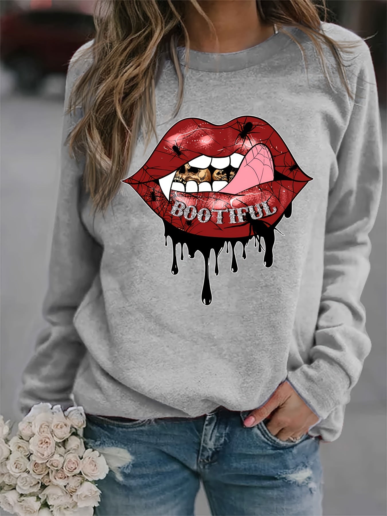 Lip Print Sweatshirt Casual Long Sleeve Crew Neck Women's Clothing