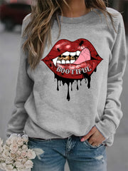 Lip Print Sweatshirt Casual Long Sleeve Crew Neck Women's Clothing