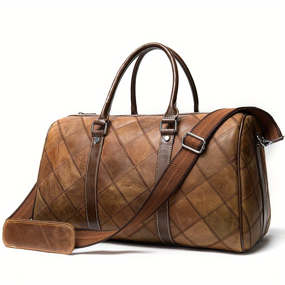 Men's Leather Duffel Bag Vintage Shoulder Bag Plaid Travel Luggage