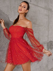 Star & Dobby Mesh Fit And Flare Dress