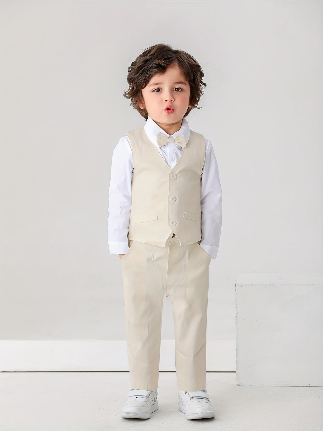 Kids Gentleman Suit 3pcs Dress Shirt Vest And Pants With Bow For Baby Boys