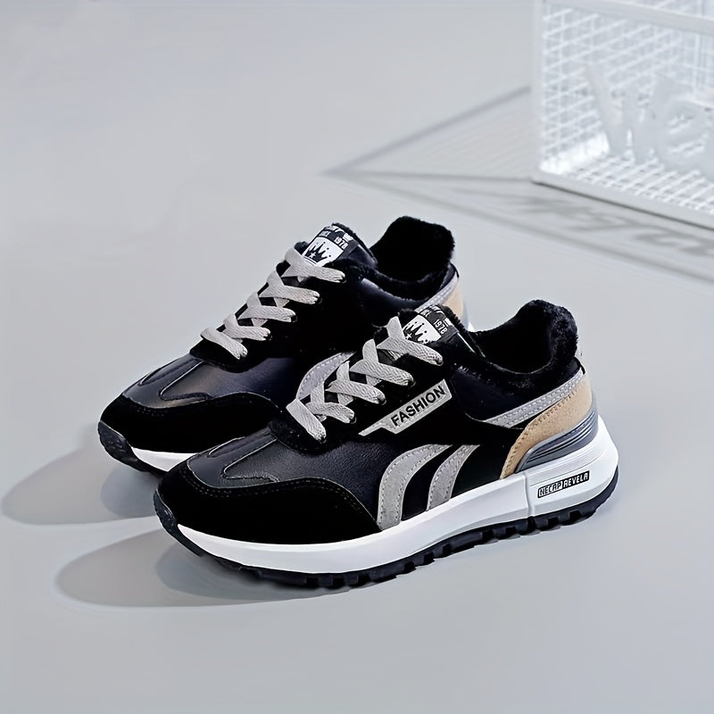 Women's Colorblock Flatform Sneakers Low Round Toe Velvet Warm Trainers