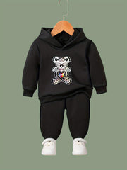 Cartoon Love Bear Print Hooded Pullover Pants Set For Sports