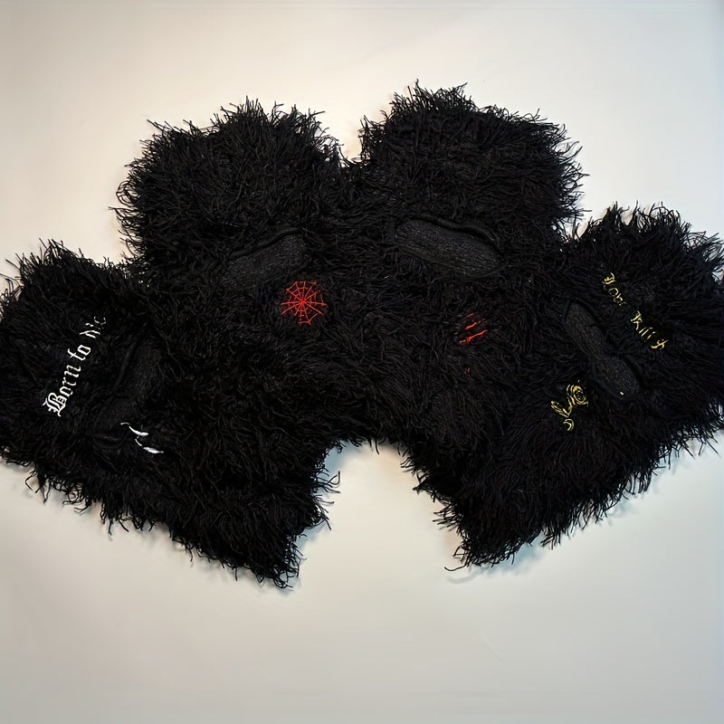 Y2K Fuzzy Balaclava Hat with Embroidered Pattern