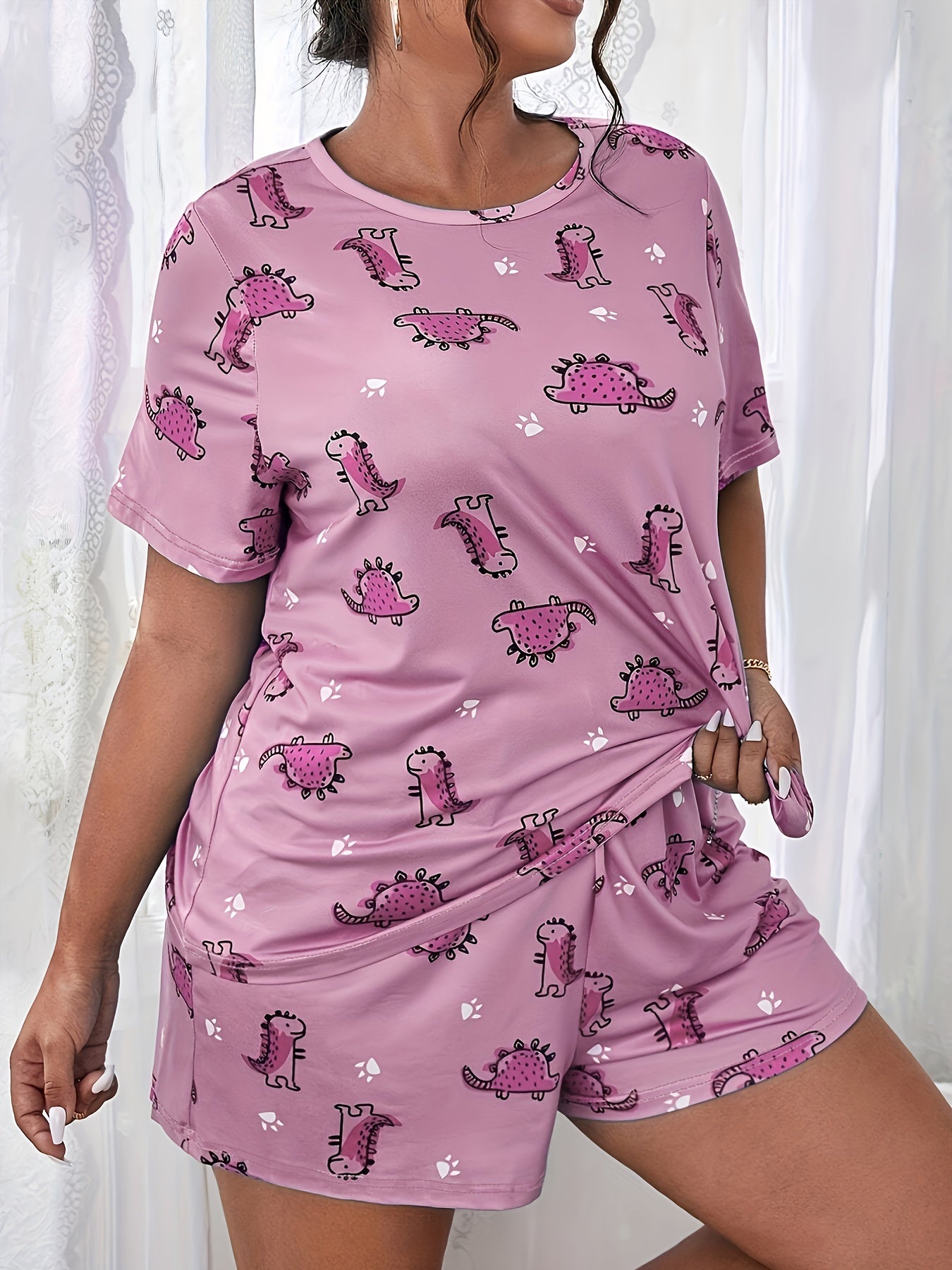 Cartoon Dino Print T-shirt & Shorts Pajama Set