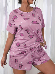 Cartoon Dino Print T-shirt & Shorts Pajama Set