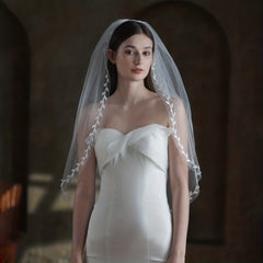 Double Layer Bridal Veil with Leaf Shape Edge Head Piece
