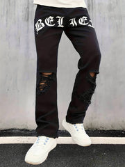 Creative Letter Print Ripped Jeans Men's Street Style Denim Pants