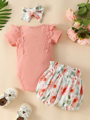Newborn Short Sleeves Lace Romper Set with Graphic Bodysuit & Floral Shorts