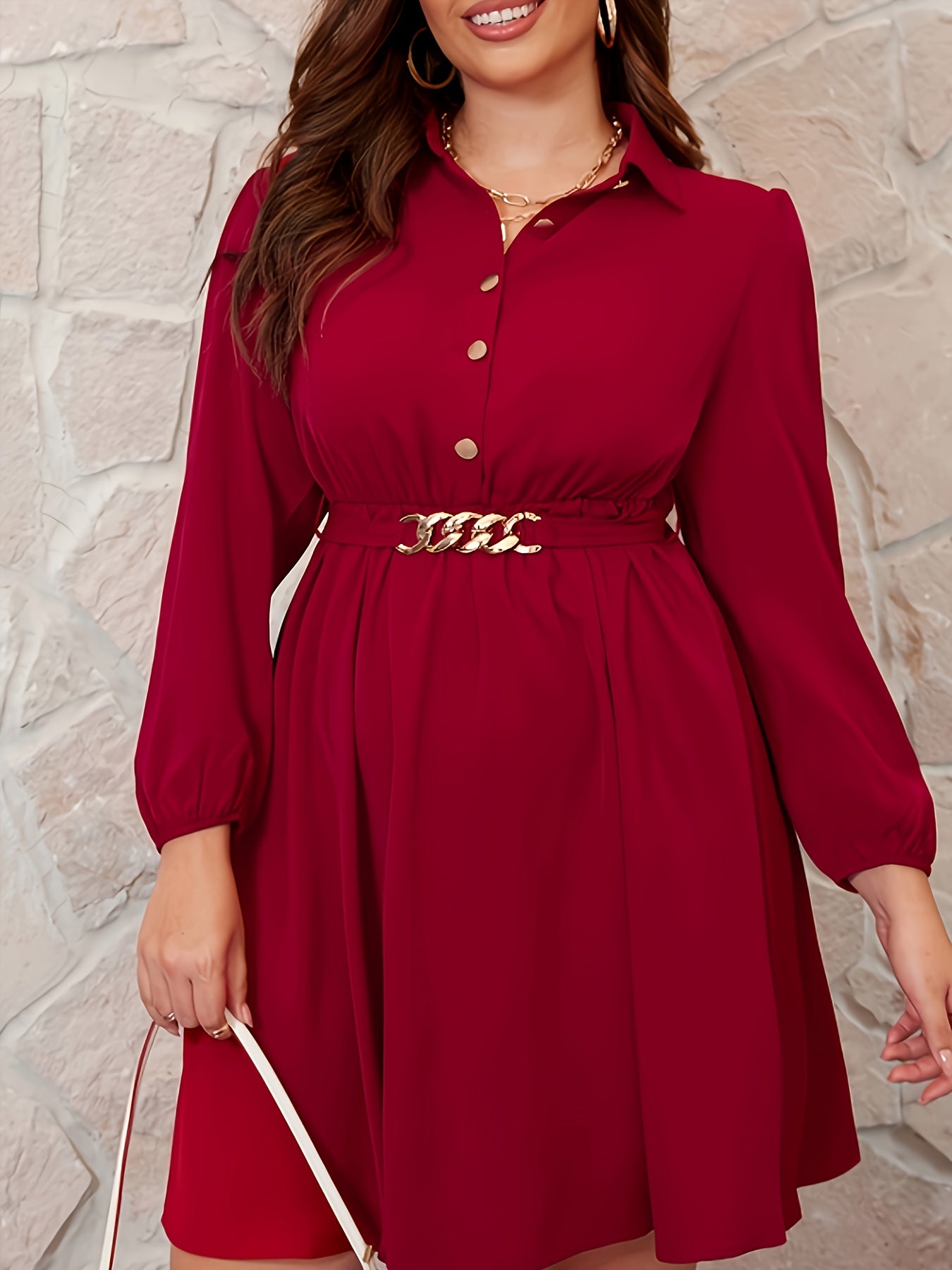 Women's Solid Lantern Sleeve Polo Neck Dress