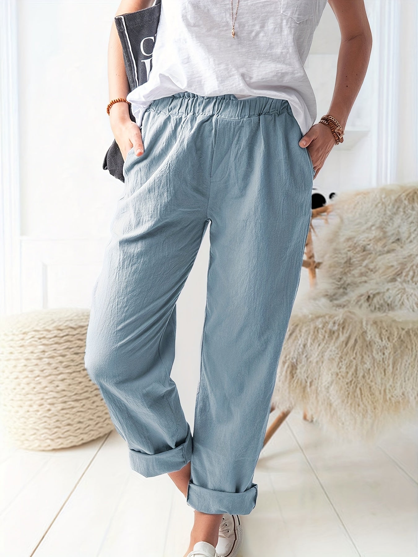 Straight Leg Elastic Waist Casual Pants for Women