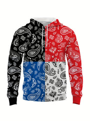 Paisley Print Block Hoodies Men Comfy Loose Hooded Pullover Mens Clothing