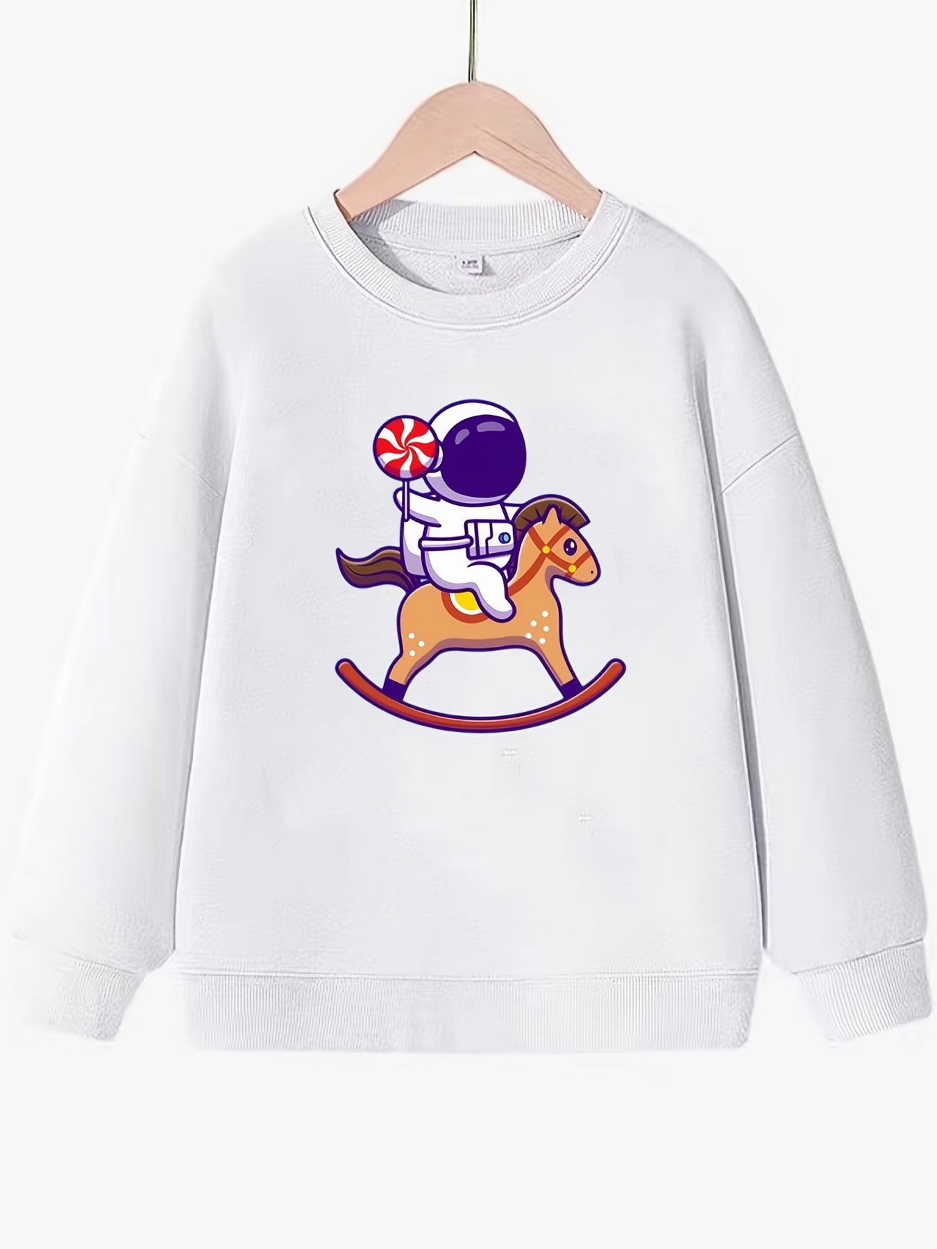 Astronaut & Pony Pattern Round Neck Sweatshirt for Girls