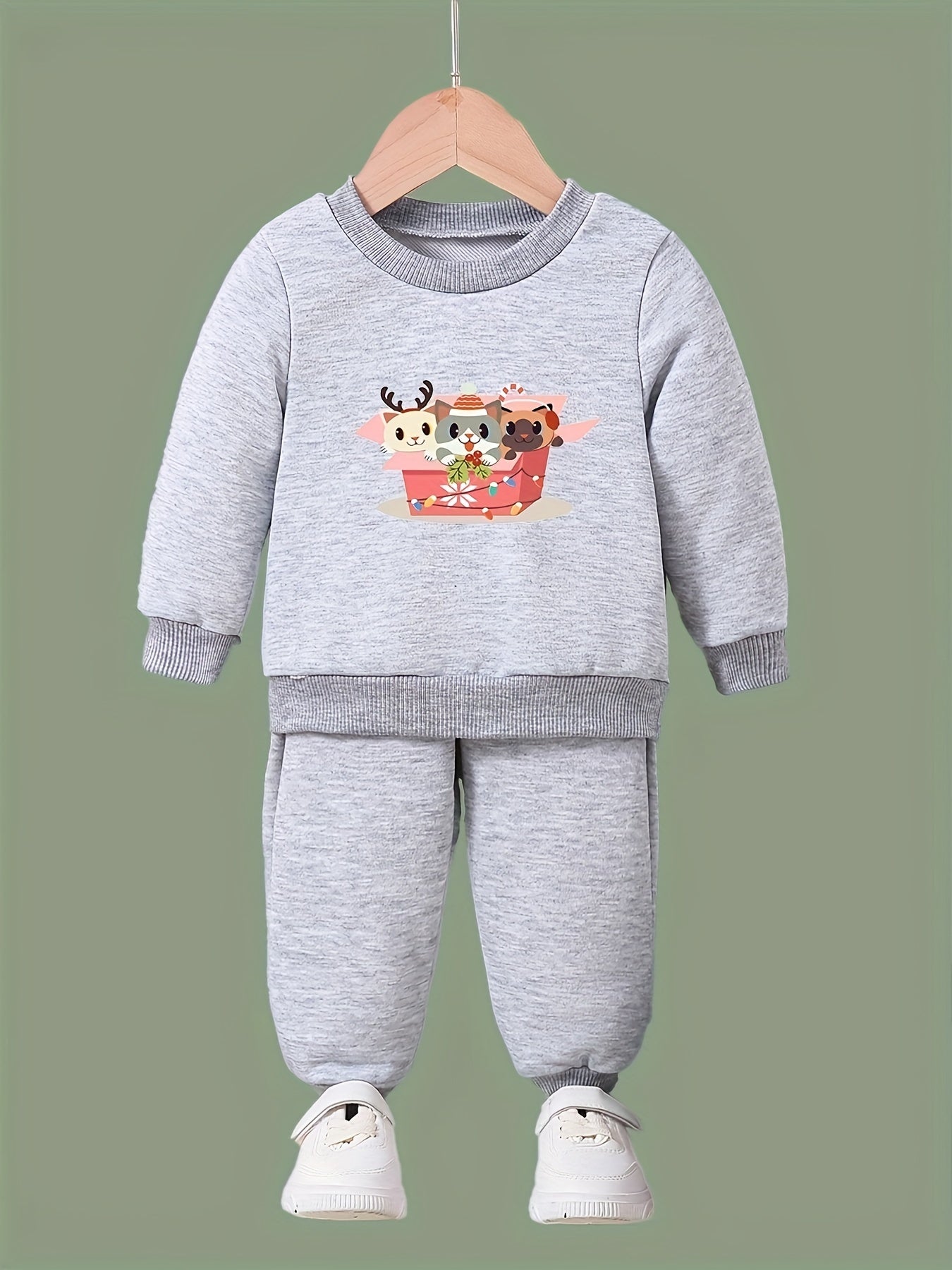 2pc Cartoon Cats Crew Neck Sweatshirt & Sweatpants Set for Girls