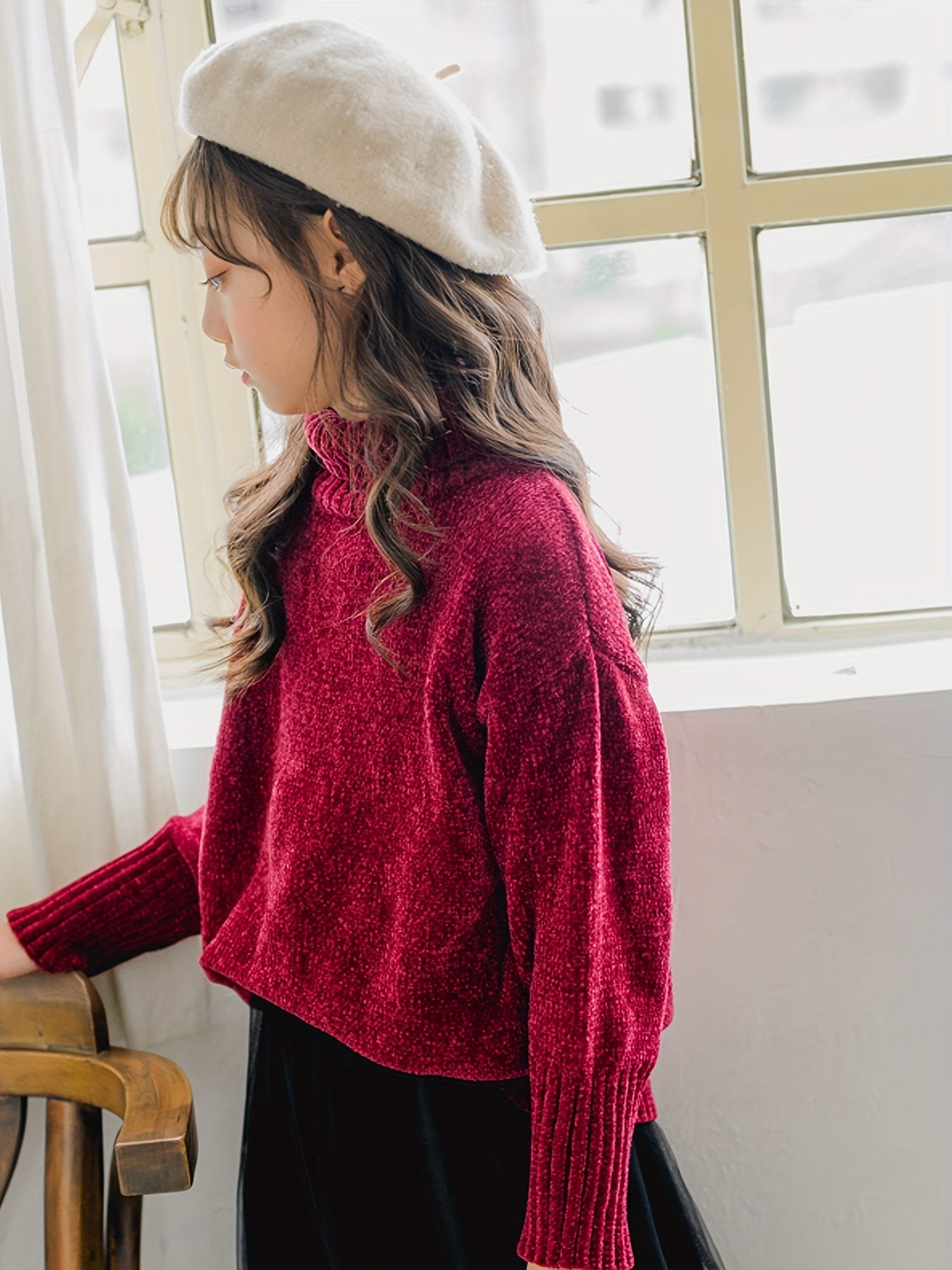 Stretchy Comfy Solid Long Sleeve Sweater Girls Anti Pilling Knitwear