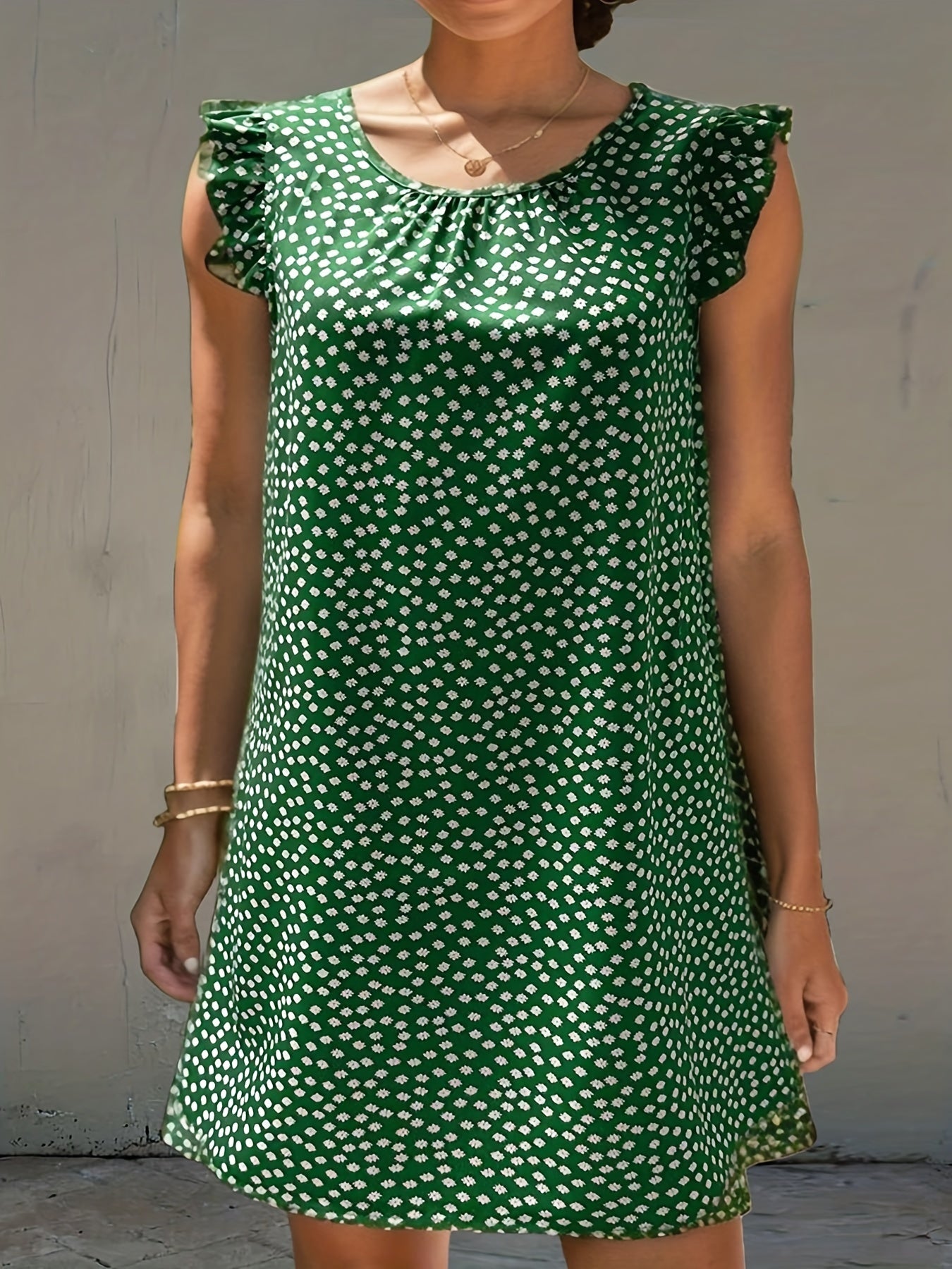 Boho Dress Women's Plus Daisy Print Round Neck Ruffle Trim