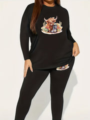 Women's Plus Cow & Cactus Print Top & Leggings Set