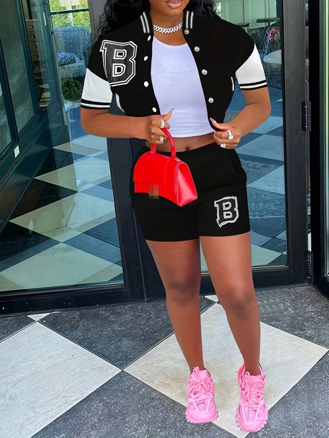 Letter Print Matching Two piece Set Block Jacket & Elastic Shorts