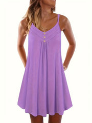 Pleated Spaghetti Dress V Neck Button Front Sleeveless Summer Dress