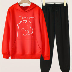 2pcs I DON'T CARE Bear Graphic Hoodies With Pocket Jogger Pants Set