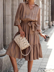 Solid V Neck Smock Maxi Dress With Belt