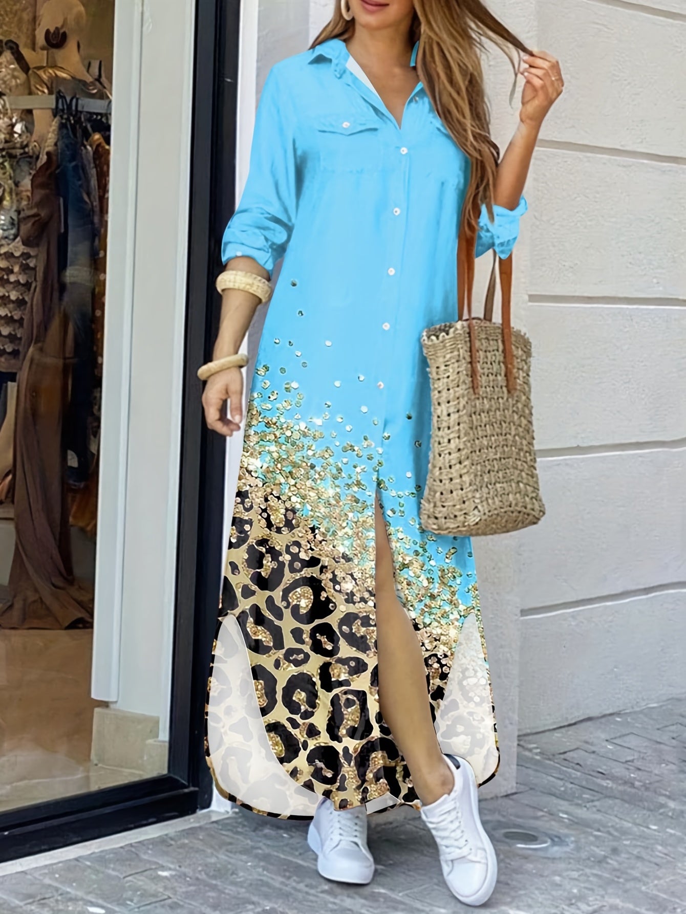 Leopard Print Maxi Shirt Dress Button Front Long Sleeve