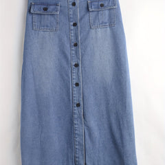 Solid Flap Pockets Denim Skirt Single Breasted Button Non Stretch