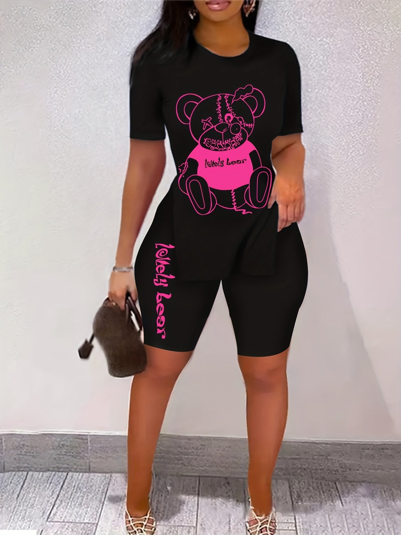 Teddy Bear Print Two piece Set Short Sleeve T Shirt & Workout Shorts