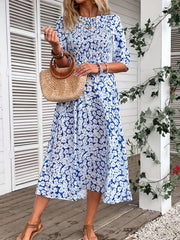 Boho Dress Women's Floral Print Shirred Sleeve Round Neck Maxi Dress