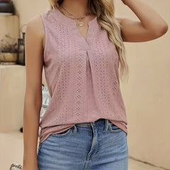 Eyelet Pleated V Neck Tank Top Women's Summer Sleeveless Top