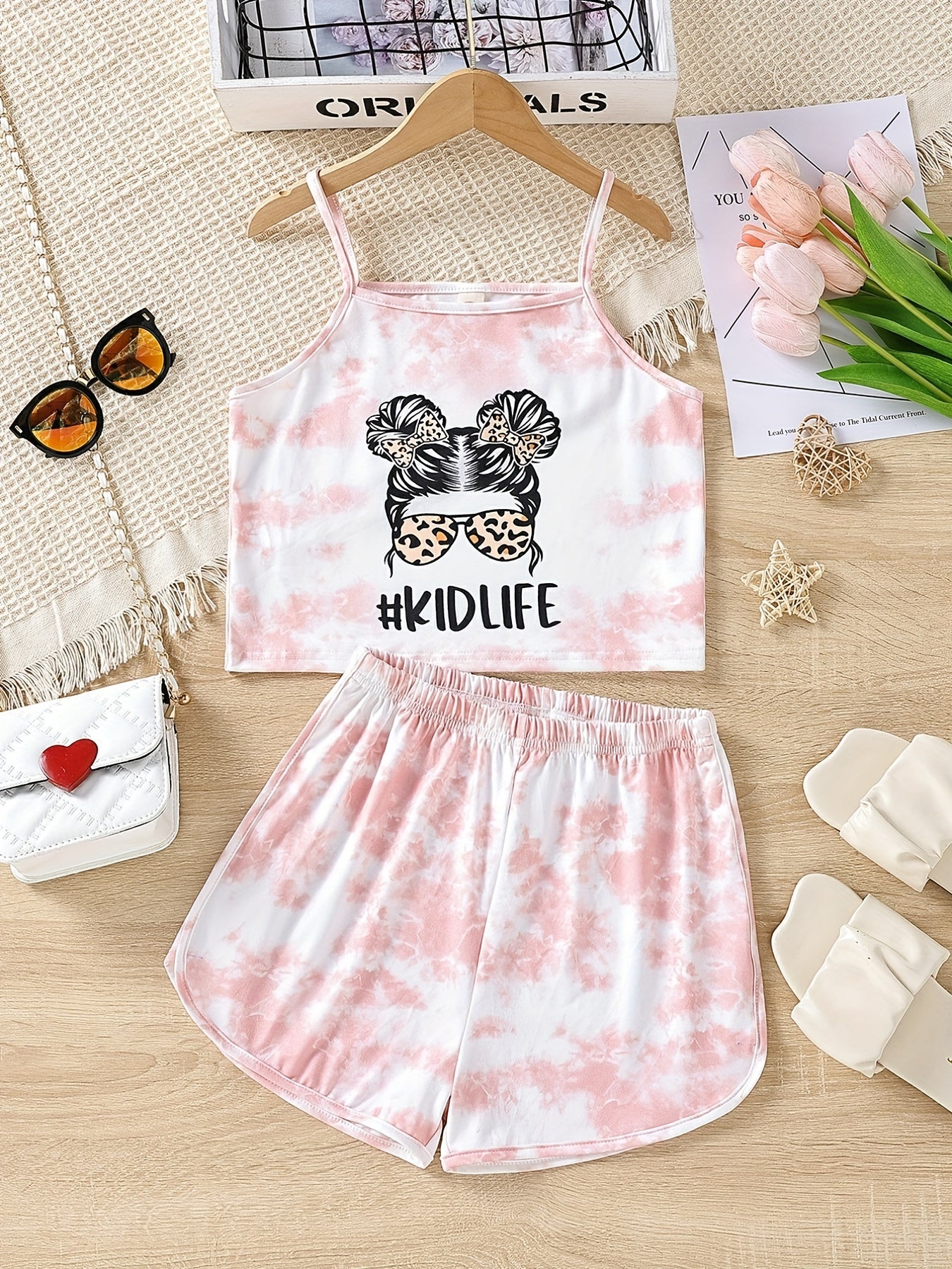 Girls Tie Dye Shorts Suit Graphic Cami Top & Shorts Set Kids Clothes