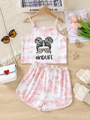 Girls Tie Dye Shorts Suit Graphic Cami Top & Shorts Set Kids Clothes