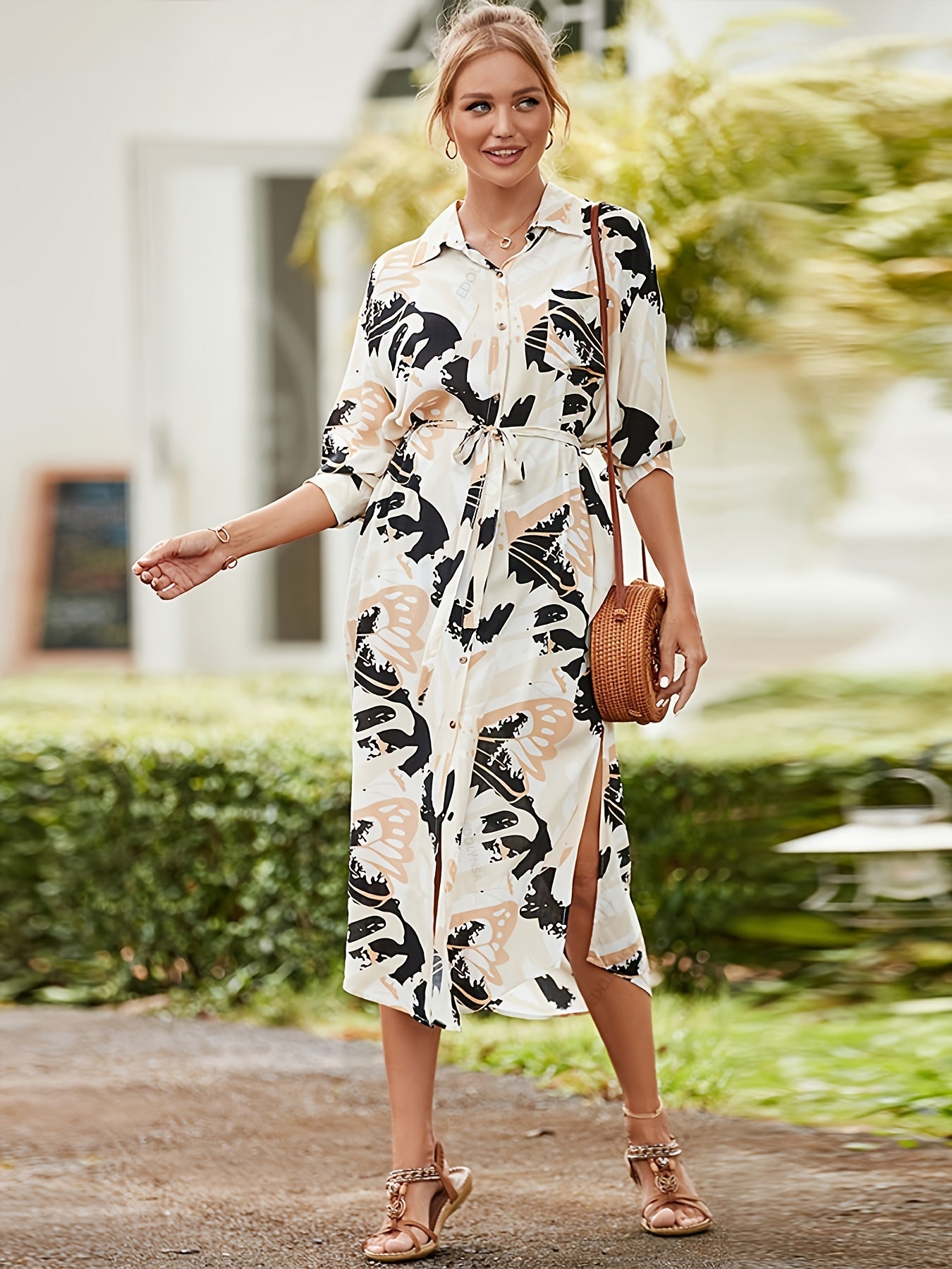 Leaf Print Tie Belt Shirt Dress Side Split Beach Cover Up