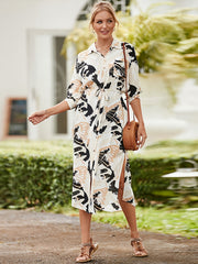 Leaf Print Tie Belt Shirt Dress Side Split Beach Cover Up