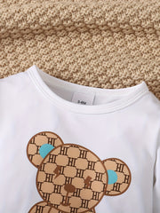 2pcs Baby Boy Bear Graphic Long-sleeved Plaid Trousers Set