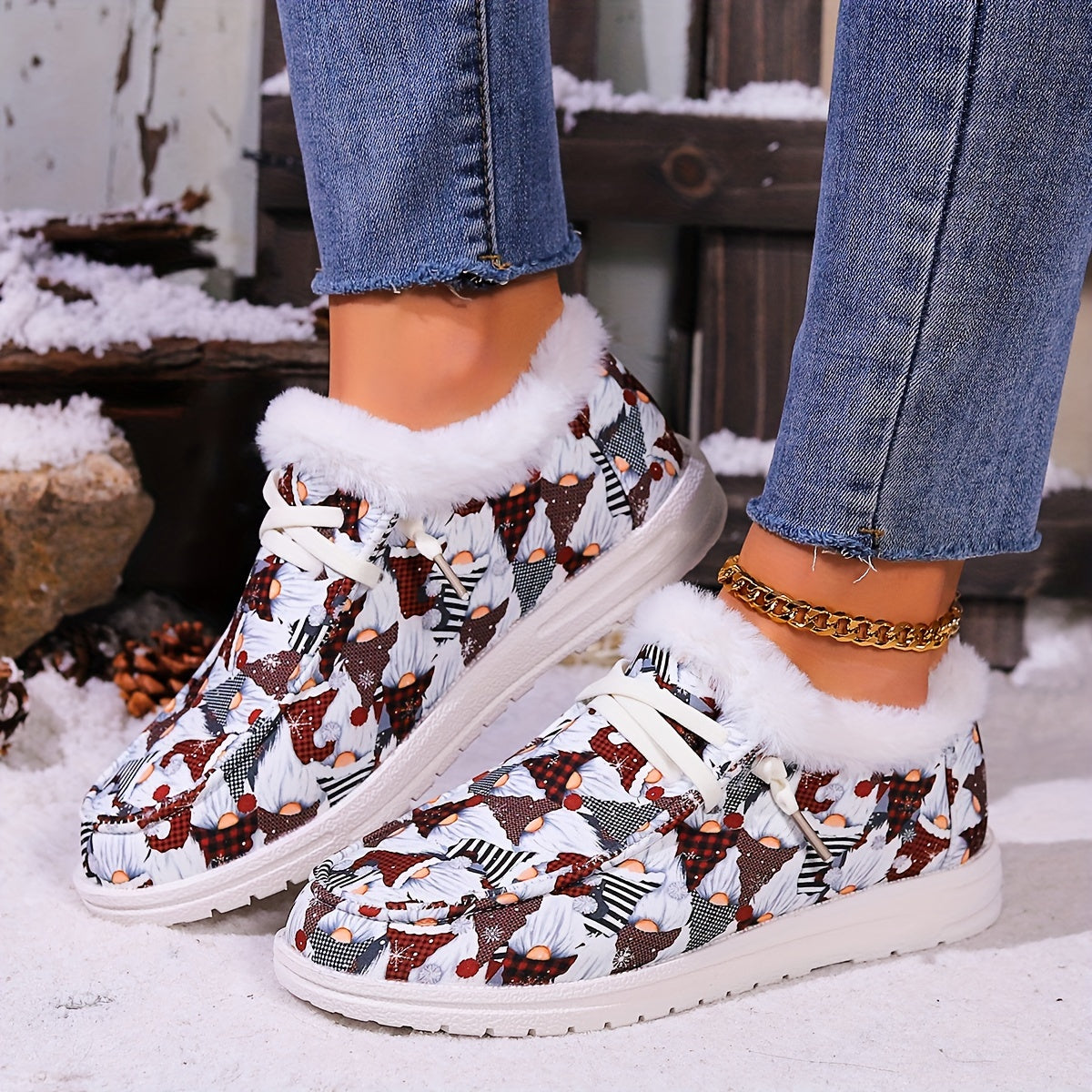 Christmas Style Snow Boots Santa Claus Pattern Plush Comfort Flats