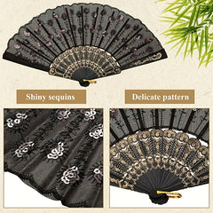 Sequin Fabric Folding Fan Embroidery Lace Fan Vintage Fan